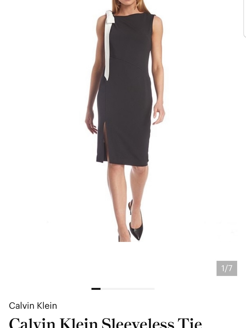 Calvin Klein Black Sleeveless Sheath Dress with White Shoulder Tie